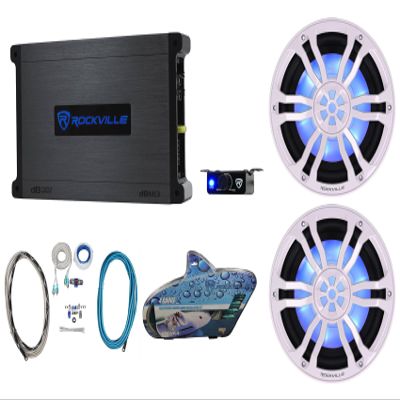 Rockville RM-PREMIUM102 White Bundle: (2) 10 in Free Air 1200-Watt Peak/300-Watt RMS Marine Subwoofers, DBM13 Mono Amplifier, RMWK4 4 AWG Waterproof Amp Wiring Kit, 4-Items