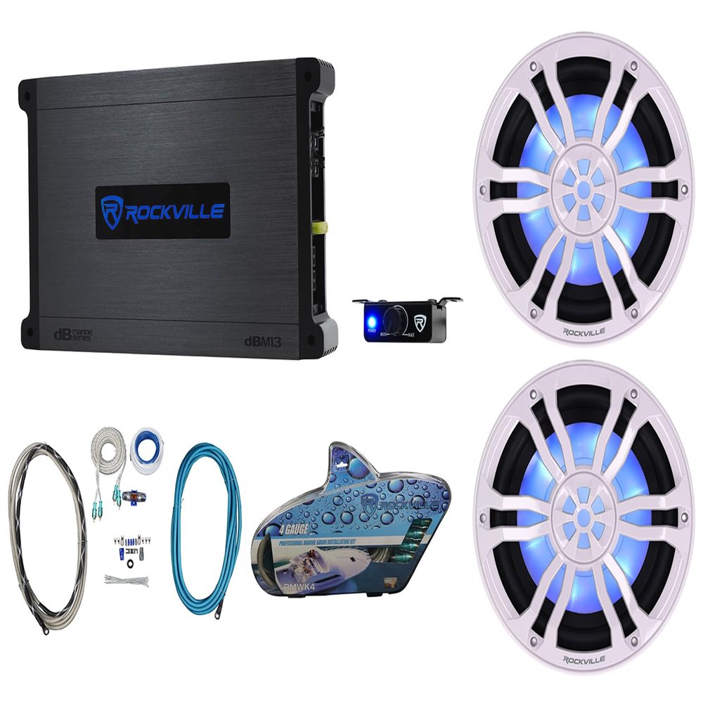Rockville RM-PREMIUM102 White Bundle: (2) 10 in Free Air 1200-Watt Peak/300-Watt RMS Marine Subwoofers, DBM13 Mono Amplifier, RMWK4 4 AWG Waterproof Amp Wiring Kit, 4-Items