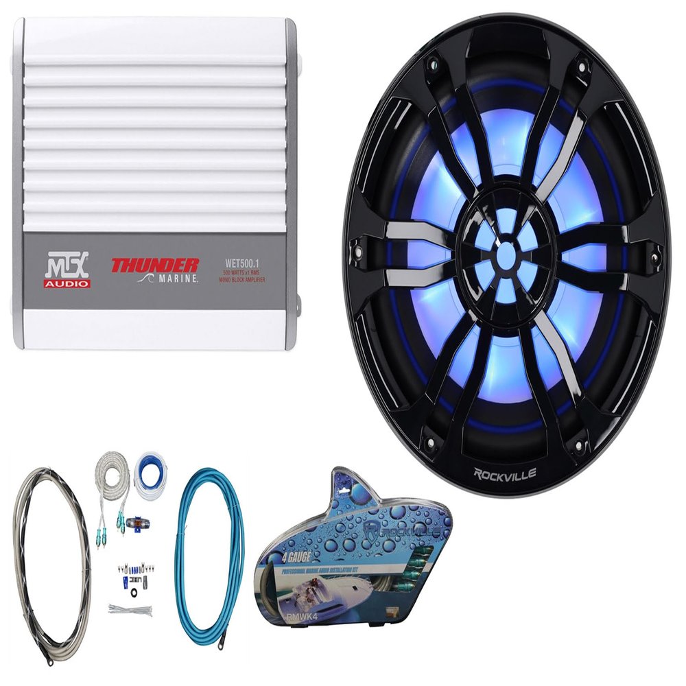 Rockville RM-PREMIUM104 Black Bundle: 10 in Free Air 1200-Watt Peak/300-Watt RMS Marine Subwoofer, MTX WET500.1 Mono Amplifier, RMWK4 4 AWG Waterproof Amp Wiring Kit, 3-Items
