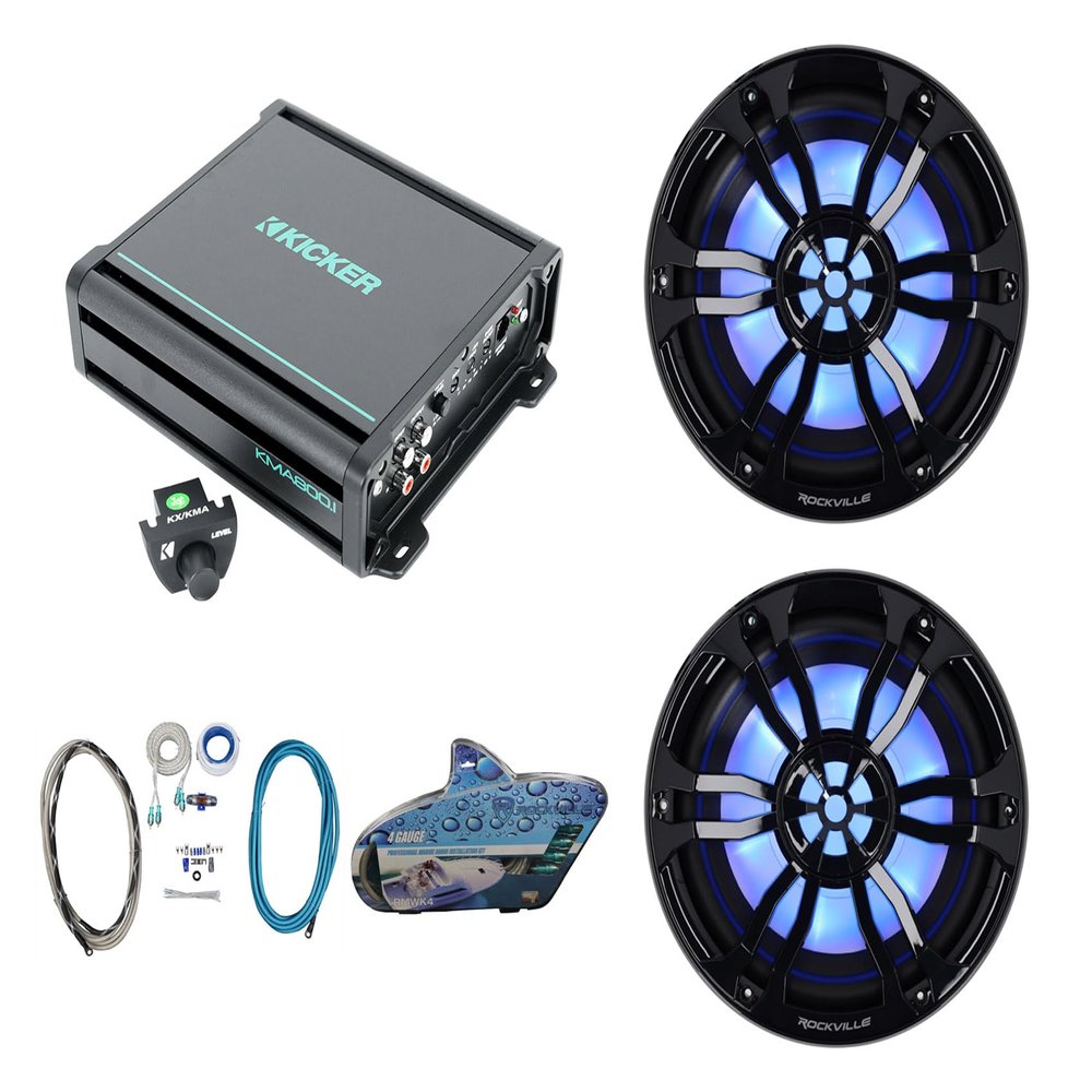 Rockville RM-PREMIUM104 Black Bundle: (2) 10 in Free Air 1200-Watt Peak/300-Watt RMS Marine Subwoofers, Kicker 48KMA8001 800-Watt 1-Ohm Mono Amplifier, RMWK4 4 AWG Waterproof Wiring Kit, 4-Items