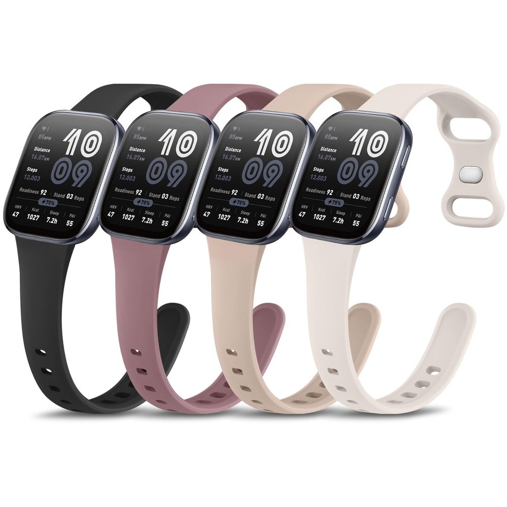 4 Pack Slim Silicone Watch Bands for Amazfit Bip 6/Bip 5/ GTR 4/ GTR 3/3 Pro/GTR 2/2e/GTR 47mm/Balance Watch Band Women Men, 22mm Sport Silicone Adjustable Strap (Black/Milk Tea/Smoke Purple/Starlight)