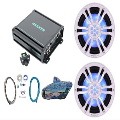 Rockville RM-PREMIUM104 White Bundle: (2) 10 in Free Air 1200-Watt Peak/300-Watt RMS Marine Subwoofers, Kicker 48KMA8001 800-Watt 1-Ohm Mono Amplifier, RMWK4 4 AWG Waterproof Wiring Kit, 4-Items