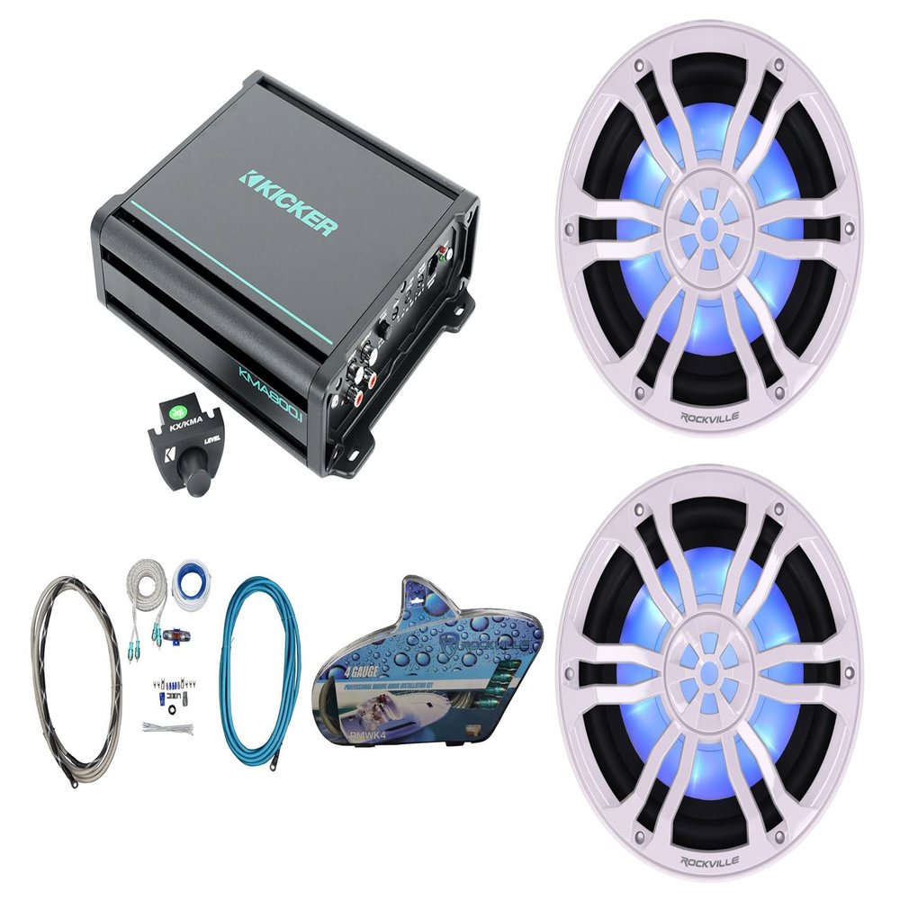 Rockville RM-PREMIUM104 White Bundle: (2) 10 in Free Air 1200-Watt Peak/300-Watt RMS Marine Subwoofers, Kicker 48KMA8001 800-Watt 1-Ohm Mono Amplifier, RMWK4 4 AWG Waterproof Wiring Kit, 4-Items