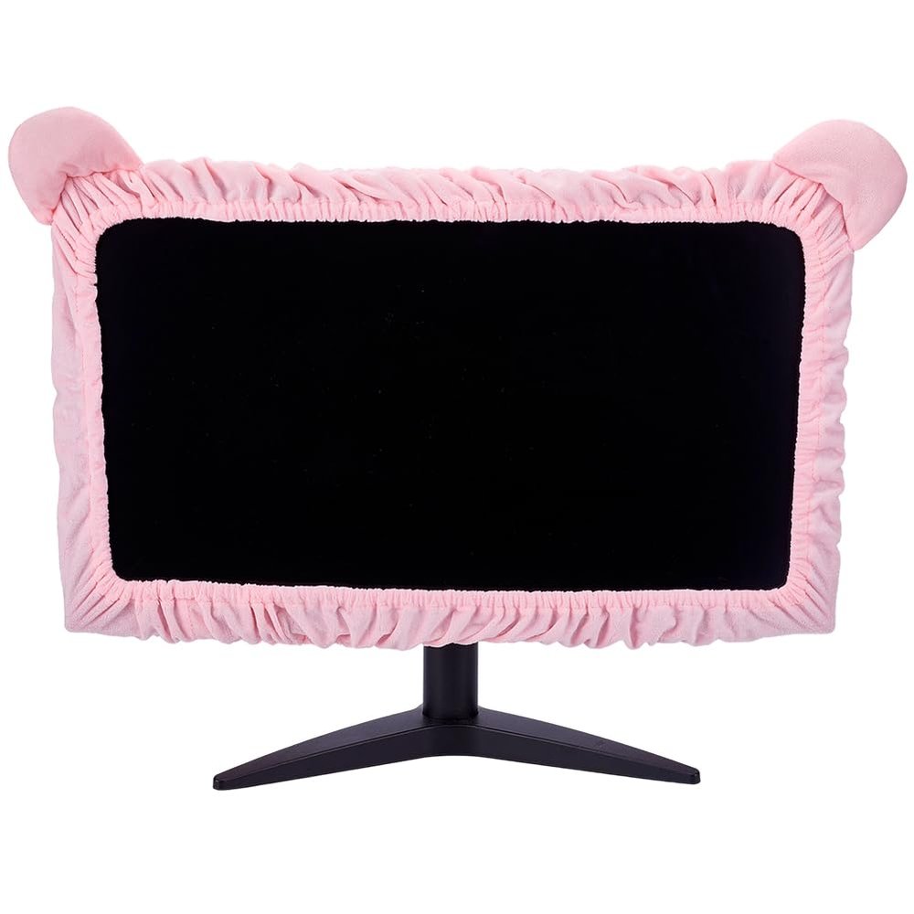 CREATCABIN 23"-27" Kawaii Computer Monitor Cover with Cat Ear Design Pink Computer Monitor Protective Cover Screen Elastic Dustproof Display Furry Bowknot Decoration for PC Tablet Laptop TV LCD