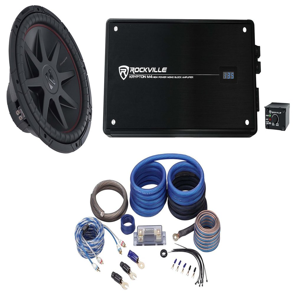 Audiosavings 52CVR154 Bundle: (2) 15 in 1400W Peak 4-Ohm DVC Car Subwoofer, Krypton M4 1500-Watt RMS Mono Amplifier with Remote, RWK0CU 0 AWG Copper Amp Installation Kit, 4-Items