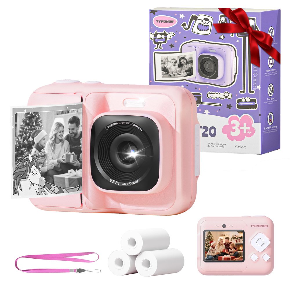 Instant Print Camera for Kids, Christmas Birthday Gifts for Girls Boys Age 3-12, TYPONOS Kids Cameras, Portable Toy Camera for 3 4 5 6 7 8 9 10 Year Old Girl with 32GB SD Card, Pink