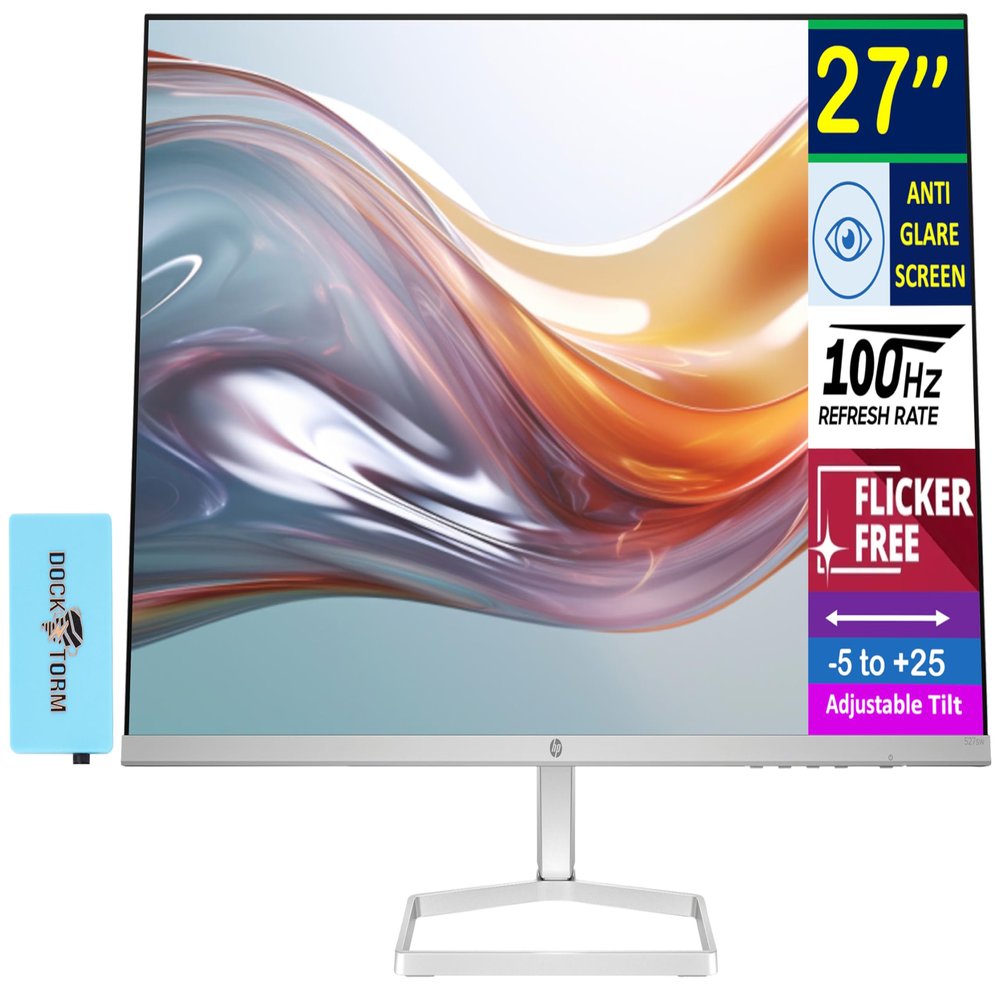 HP Series 5 527sw 27" FHD IPS Monitor with 5ms Response Time, Anti-Glare, Flicker Free, Low Blue Light, VGA, HDMI & Dockztorm USB Port Expander, White/Silver Color (94F46AA#ABA)