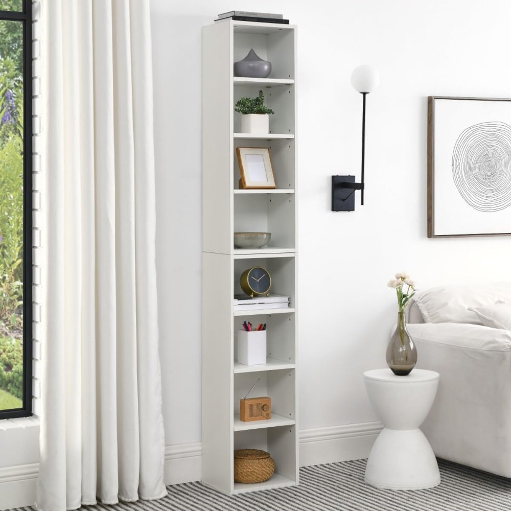 8-Tier Media Tower Rack, CD DVD Slim Storage Cabinet with Adjustable shelf, Tall Narrow Bookcase Display Bookshelf for Home Office,Multi-functional double-decker bookcase (White + MDF)
