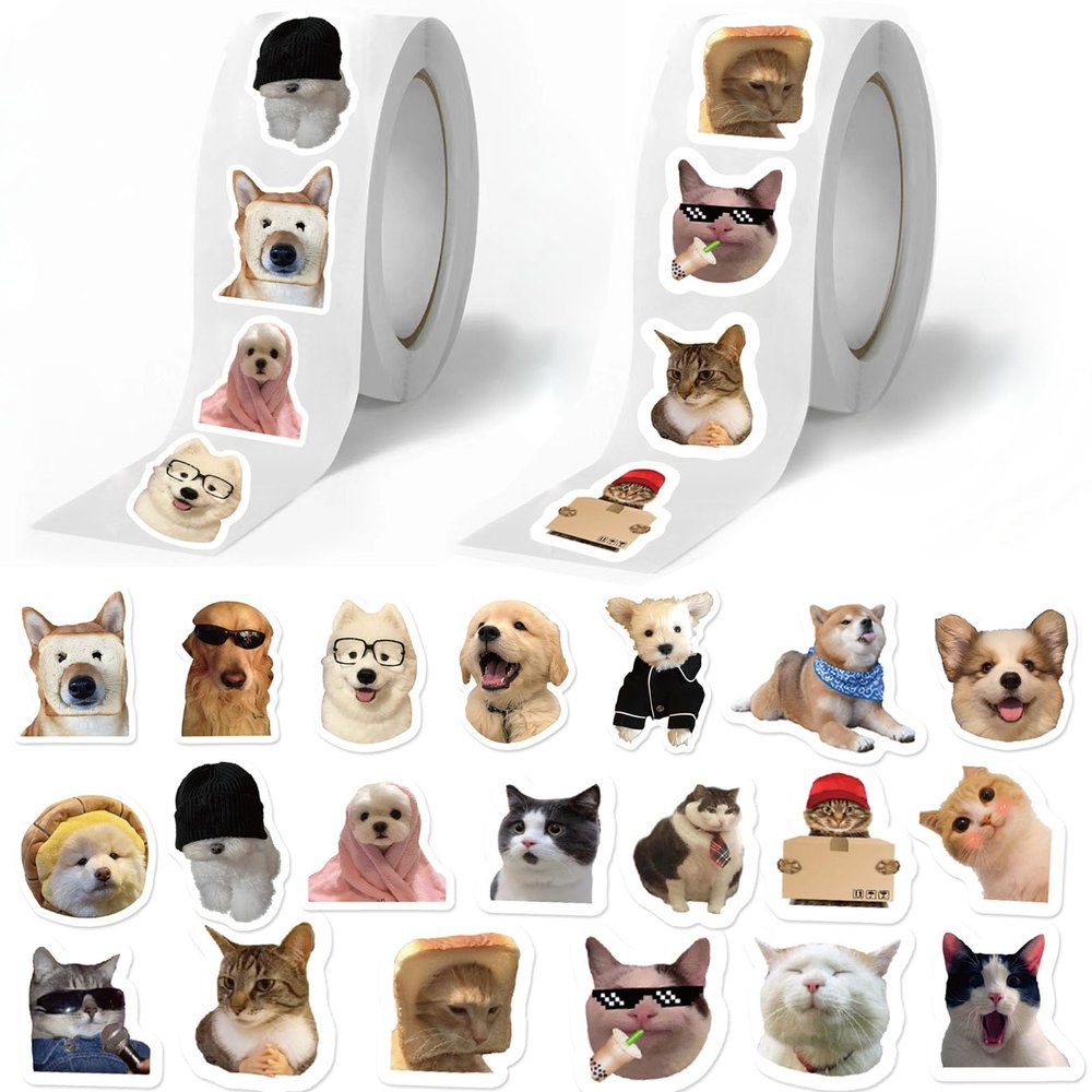 1000PCS Cat Dog Meme Stickers Roll, 10 Styles Funny Cat & Dog Lover Stickers, Cute Animal Decals Vinyl Waterproof Sticker Pack, 500 Kitty & 500 Puppy Sticker for Water Bottle, Scrapbook, Laptop