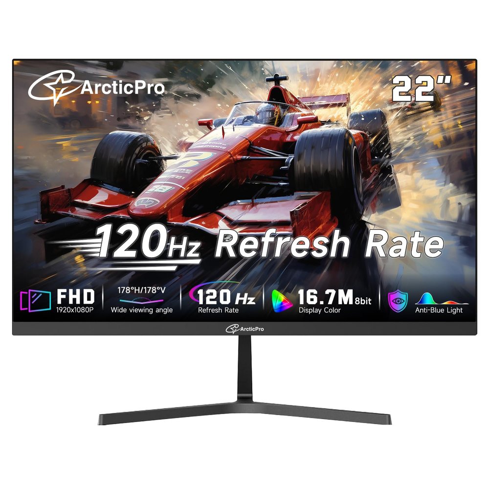 ArcticPro 22 inch 120Hz Monitor, Full HD (1920 x 1080p) Computer Monitor, 99% sRGB, 4000:1 Contrast, 3-Sided Frameless, Ultra Slim, VESA, LowBlue Mode, Tilt Adjust, HDMI *1, VGA*1