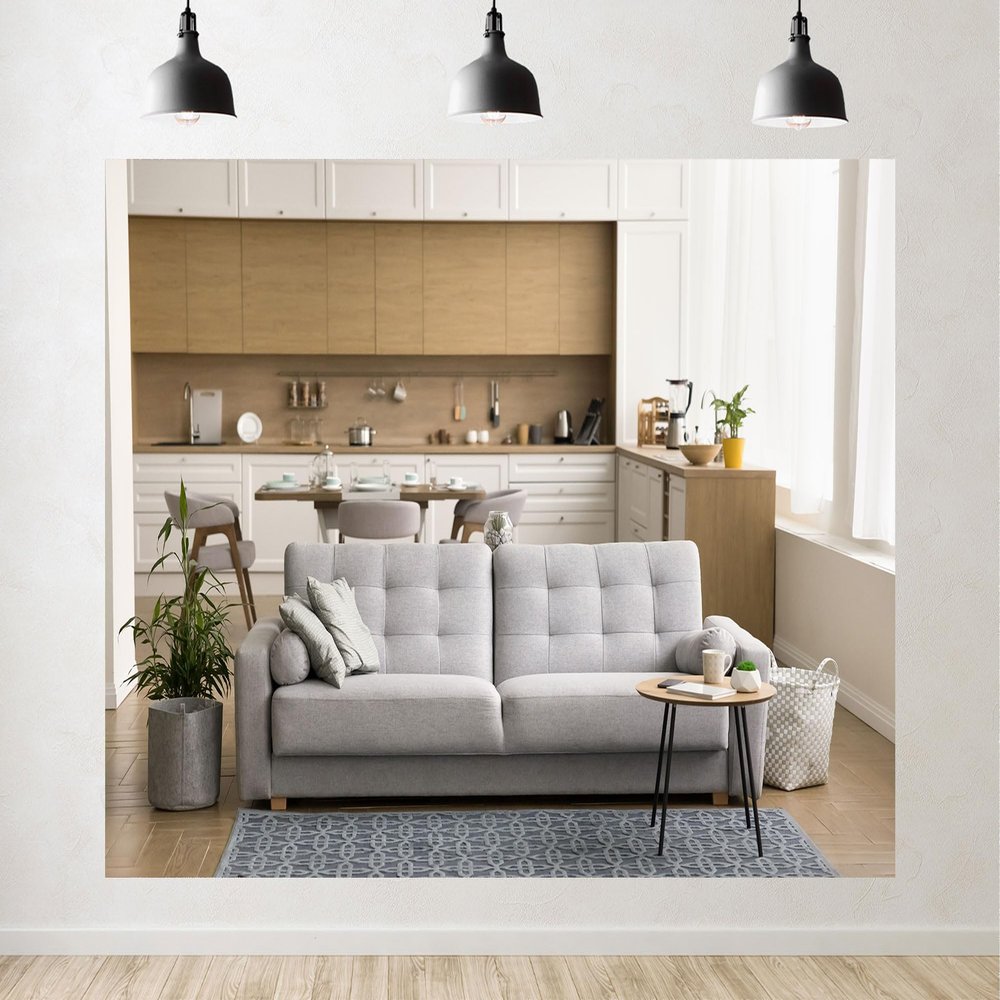 10x7ft Modern Living Room Photography Backdrop Interior Scene with Sofa and Kitchen Background Decorations for Video and Photos Portrait Photoshoot Studio Props Fabric