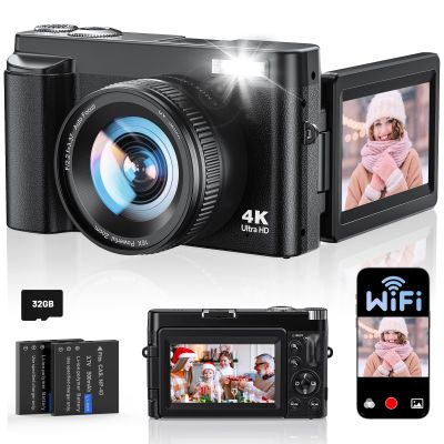 4K Digital Camera for Photography, WiFi Autofocus 64MP Vlogging Camera for YouTube, 180 3" Flip Screen 30FPS Video Cameras with Flash Anti-Shake 16X Zoom 32GB Card, Compact Travel Digital Camera