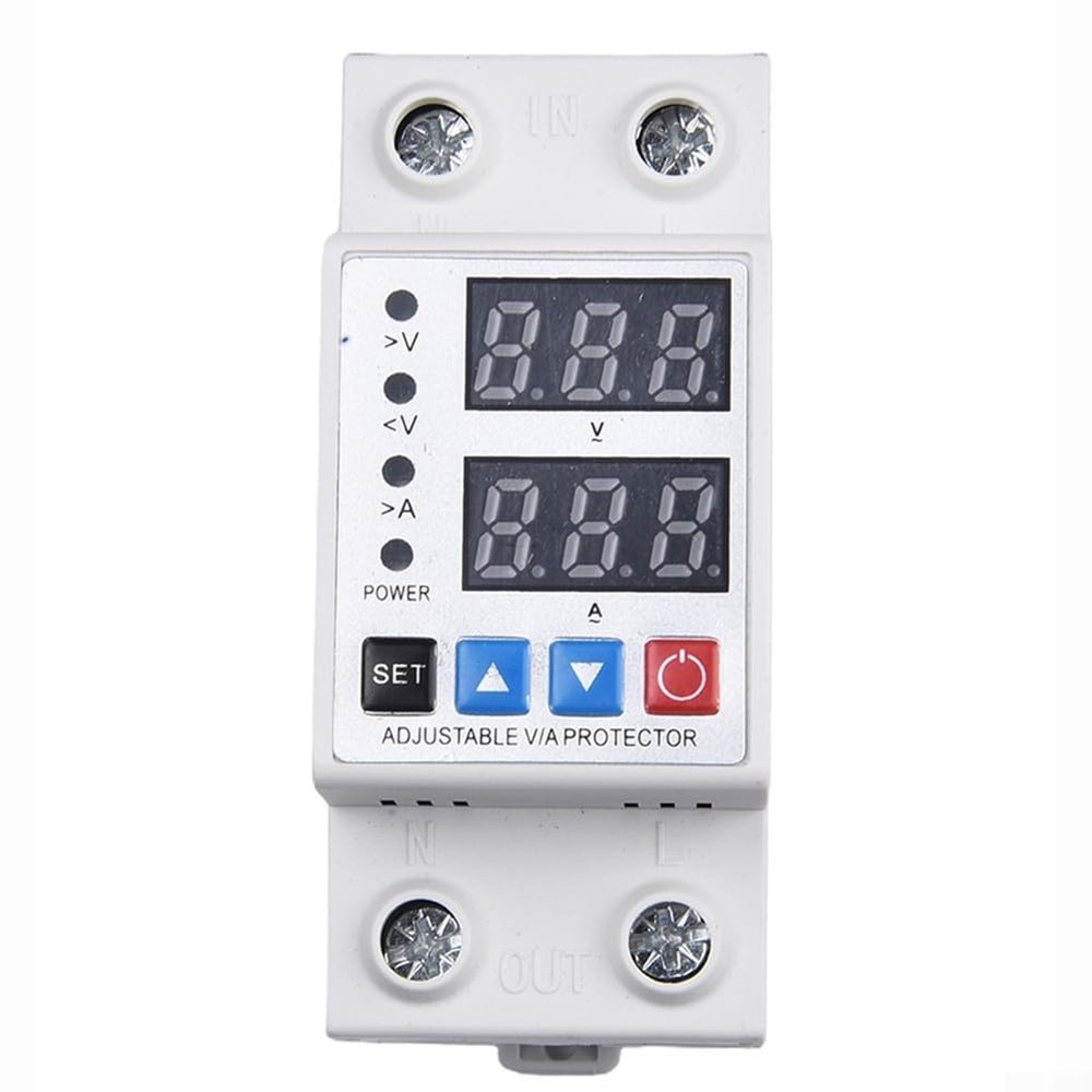 Adjustable Voltage Protector with Dual Digital Display for AC 230V Single-Phase, Overvoltage Undervoltage Overcurrent Protection, 1A-63A Range, Automatic Recovery, DIN Rail Mount(40A)