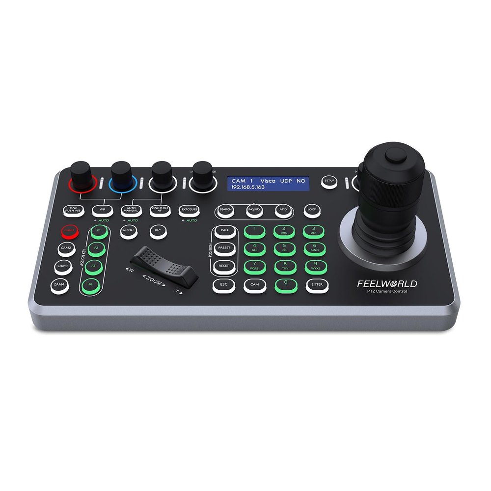 FEELWORLD KBC20 PTZ Camera Joystick Controller, LCD Screen 4D Joystick Control Keyboard Support PoE VISCA Pelco-D/P RS422 RS485 RS232 RJ45 For Church Live, Events, Live Streaming, NO NDI