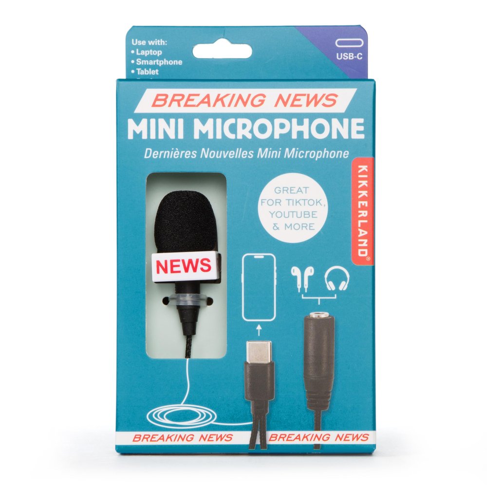Kikkerland Breaking News Mini Microphone  Handheld Mini Mic for Content Creation & Podcast Recording  Features USB-C Plug & Standard Audio Jack