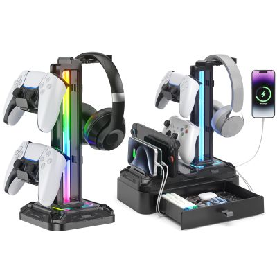 KDD RGB Headset Controller Stand & Headphone Stand with Charger Port and Storage