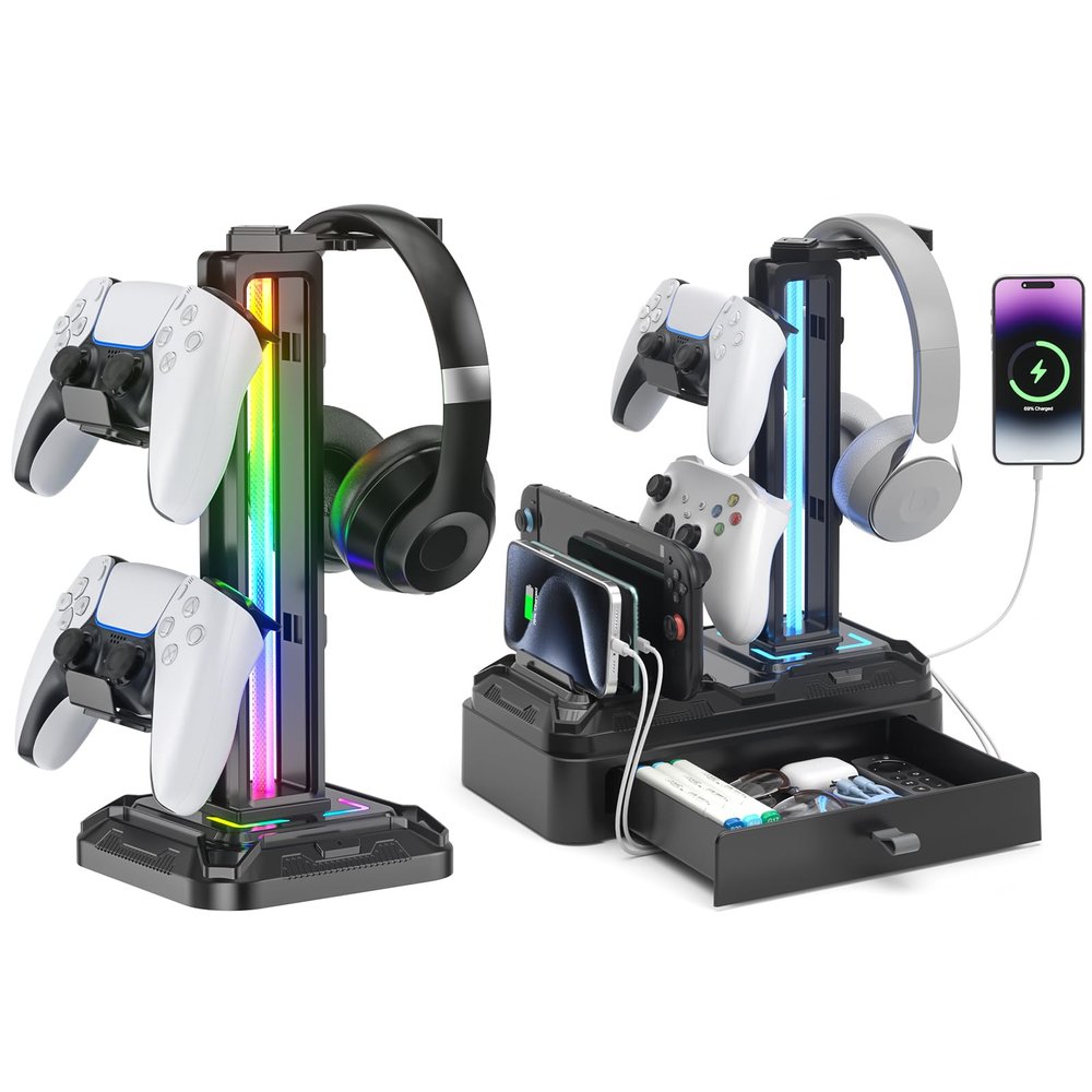KDD RGB Headset Controller Stand & Headphone Stand with Charger Port and Storage