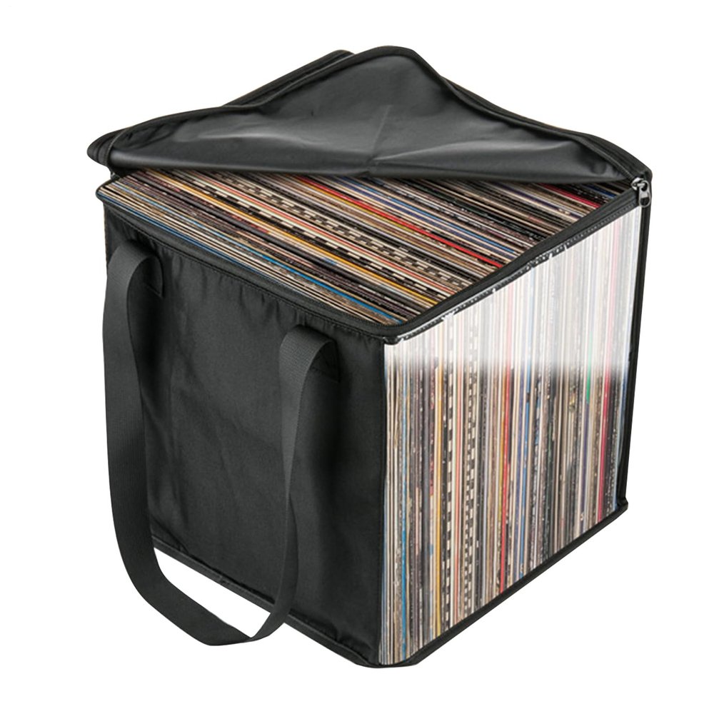 12" Vinyl Record Storage Bag | DJ Record Box Organizer Carrying Bag With Lids & Handles | LP Records Album Storage Case Holds Up 50 Vinyl Albums With Clear Window