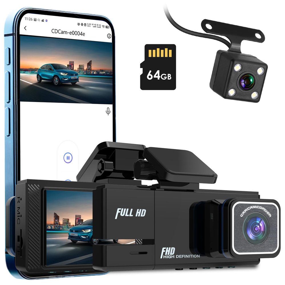 3 Channel Dash Cam Front and Rear Inside | 1080P Car DVR Camera | 170 Wide Angle | Included 64GB Card | Super Night Vision | Parking Monitor | Loop Recording | Reversing Camera