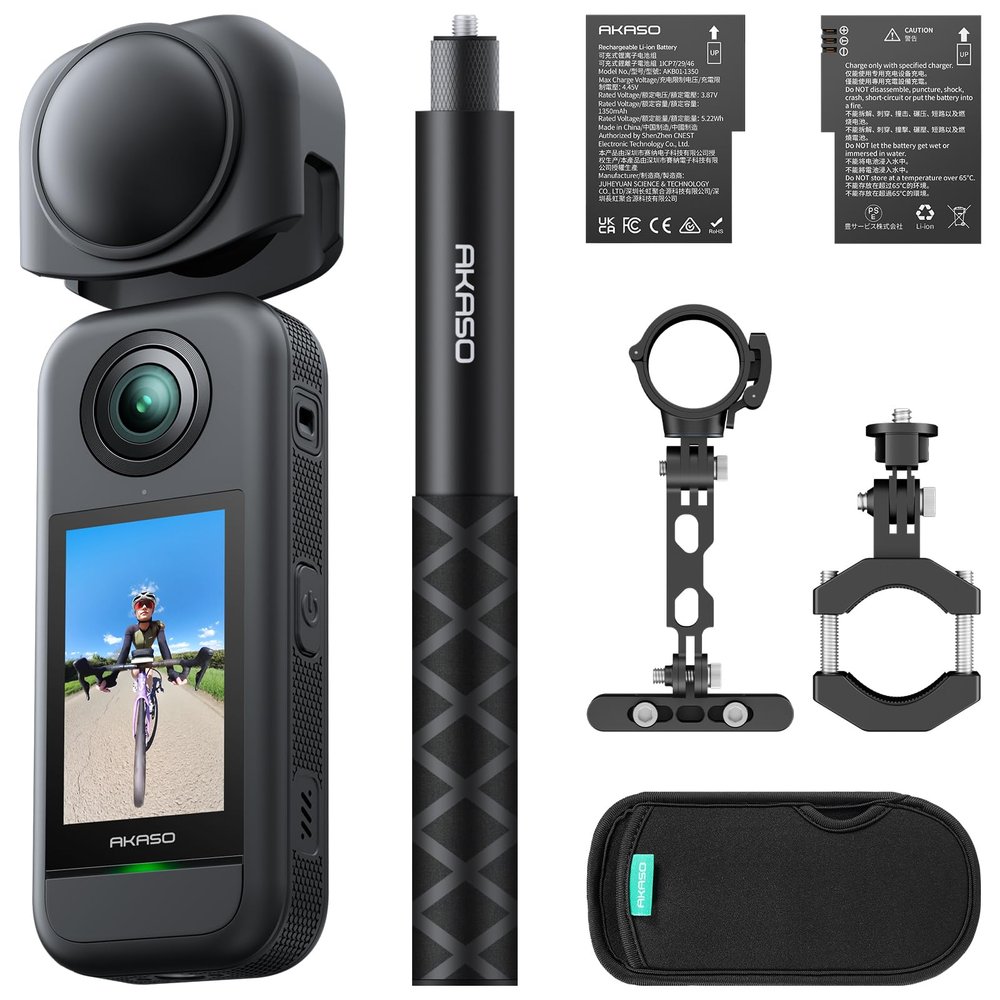 AKASO 360 Weatherproof 360 Action Camera - 5.7K 360 Video with 1/2" 48MP Sensors, 72MP 360 Photo, 360-SuperSmooth, Invisible Selfie Stick, 360 Horizon Lock, AI Tracking Cycling Combo