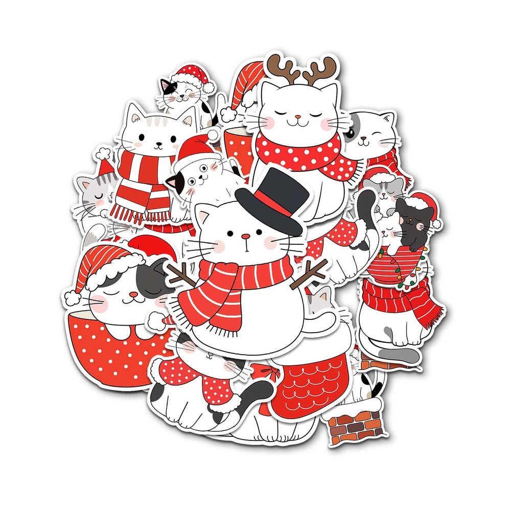 12 Pcs Christmas Cat Stickers Set, Cute Santa Hat Kitty Cup Mug Chimney Box Scarf Sweater Design, Holiday Vinyl Stickers for Laptop, Water Bottle, Phone, Window, Helmet 3 Inches