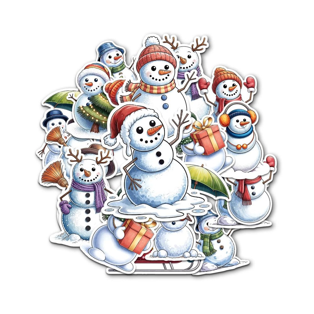 12 Pcs Snowman Stickers Set, Cute Winter Snowman Designs with Gifts, Broom, Umbrella, Lantern, Tree and Cozy Accessories, Holiday Stickers for Laptop, Water Bottle, Phone, Window, Helmet 4 Inches