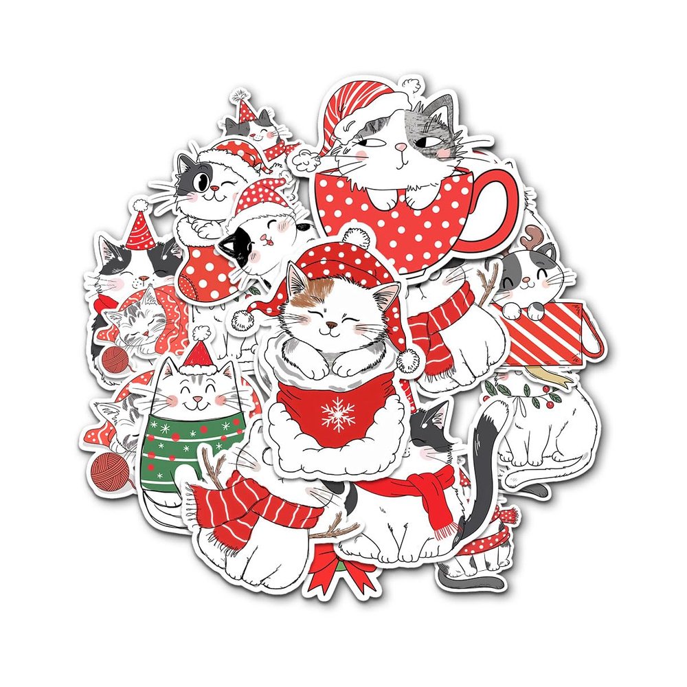 12 Pcs Christmas Cat Stickers Set, Cute Santa Hat Kitty Cup Mug Wreath Box Sweater Designs, Holiday Vinyl Stickers for Laptop, Water Bottle, Phone, Window, Helmet 4 Inches