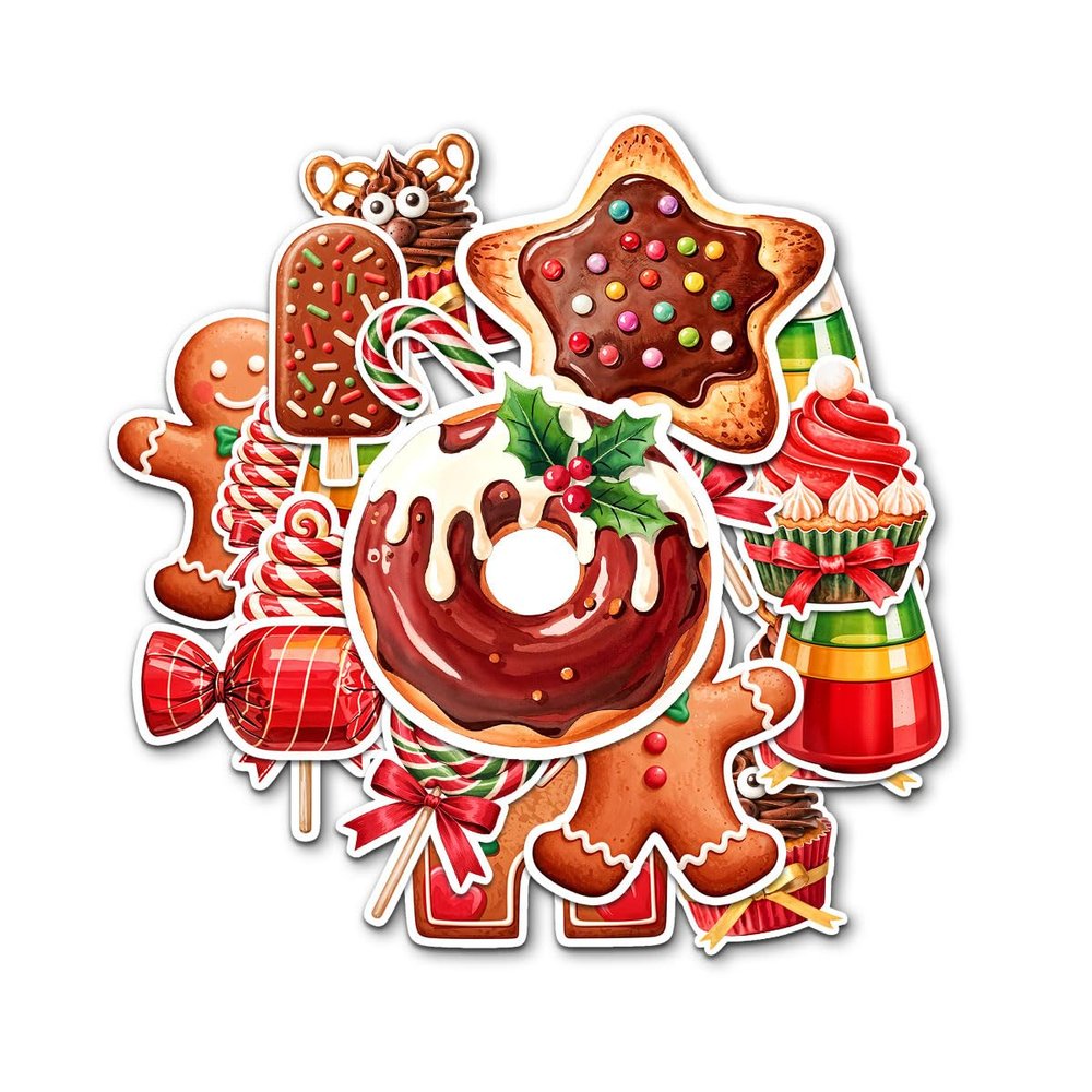 12 Pcs Christmas Candy Stickers Set, Cute Gingerbread Cookie Cupcake Lollipop Candy Cane House Design, Holiday Vinyl Stickers for Laptop, Water Bottle, Phone, Window, Helmet 4 Inches