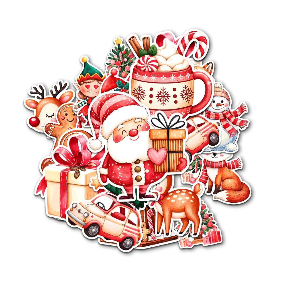 12 Pcs Christmas Stickers Set, Holiday Characters with Santa, Reindeer, Gingerbread, Snowman, Fox, Elf, Gift Box Cocoa Cup, Festive Stickers for Laptop, Water Bottle, Phone, Window, Helmet 6 Inches