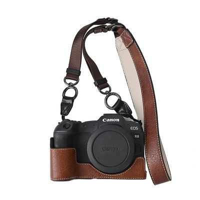 R8 Case, PU Litchi Leather Camera Bag Bottom Opening Half Body Case Cover Shell for Canon Eos R8 with Neck Strap (Coffee)