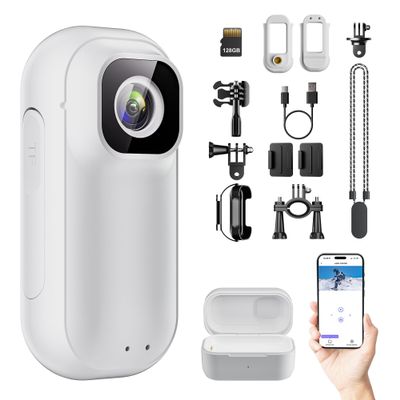 128GB Mini Body Camera with Audio & Video Recording-2K WiFi Action Camera with Charging Case, Thumb-Sized Wearable POV Cam, Stabilization, Magnetic Lanyard, Sports Cam for Work Travel Pet Walk Cycling