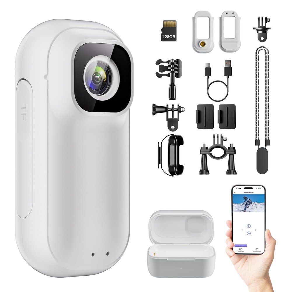 128GB Mini Body Camera with Audio & Video Recording-2K WiFi Action Camera with Charging Case, Thumb-Sized Wearable POV Cam, Stabilization, Magnetic Lanyard, Sports Cam for Work Travel Pet Walk Cycling