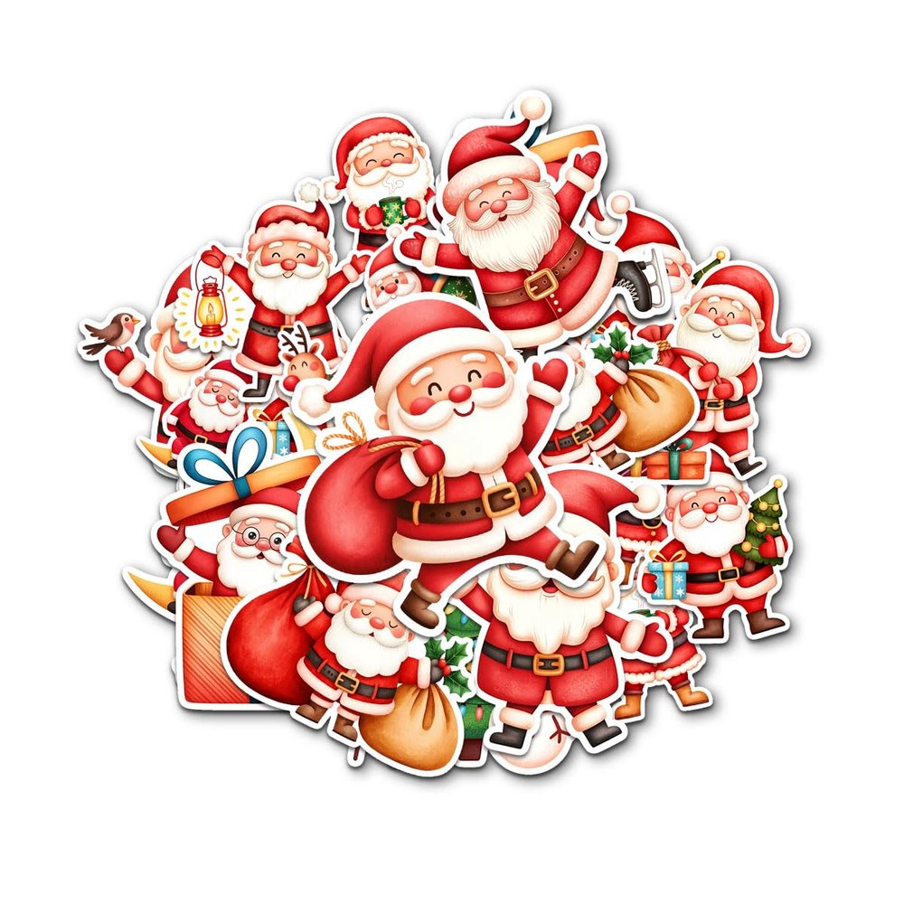 12 Pcs Santa Claus Stickers Set, Classic Christmas Santa Designs with Gifts, Tree, Reindeer, Moon and Lantern, Holiday Vinyl Stickers for Laptop, Water Bottle, Phone, Window, Helmet 6 Inches