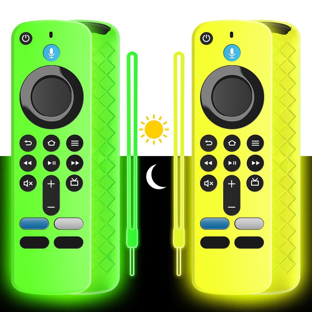 (2 Pack) Wevove (newestmodel) Soft Protective Remote Cover, Anti-Slip Shockproof Silicone Protective Case with Lanyard Glow in The Dark (Glow Green&Yellow)