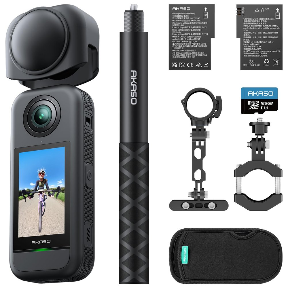 AKASO 360 Action Camera - 5.7K 360 Video with 1/2" 48MP Sensors, 72MP 360 Photo, 360-SuperSmooth, Invisible Selfie Stick, 360 Horizon Lock, AI Tracking Cycling Combo with 256GB MicroSD Card
