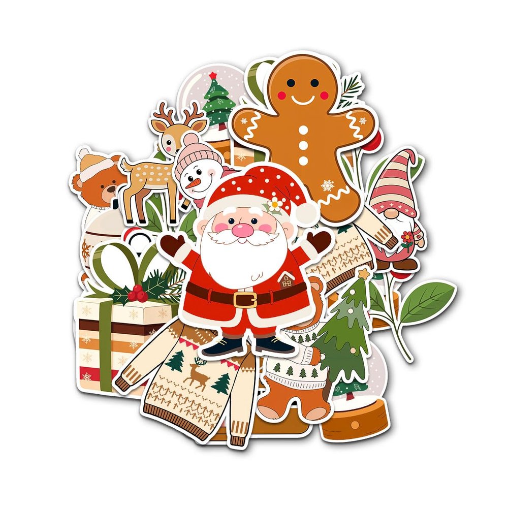 12 Pcs Christmas Stickers Set, Minimalist Holiday Designs with Santa, Reindeer, Gnome, Gingerbread, Sweater, Snow Globe Gift, Cozy Neutral Stickers for Laptop, Bottle, Phone, Window, Helmet 7 Inches