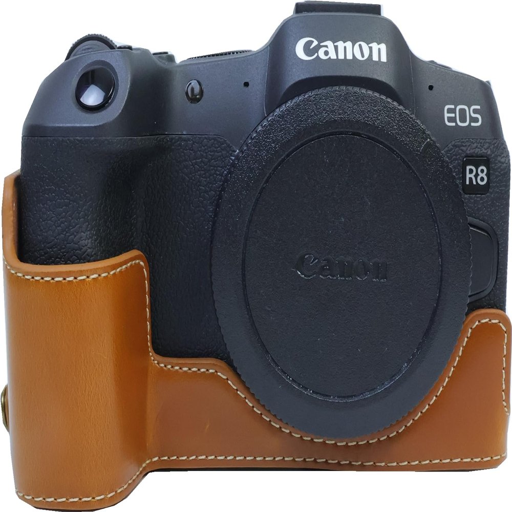 R8 Case, PU Leather Camera Bag Bottom Opening Half Body Case Cover Shell for Canon Eos R8 with Hand Wrist Strap (Brown)