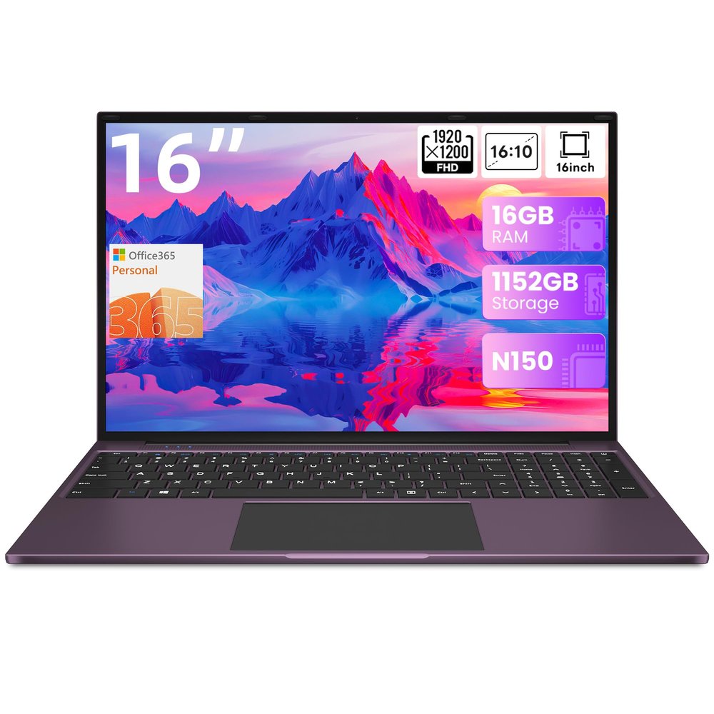 jumper 16 Inch Laptop,12th N150 Processor,1200P IPS Display,1-Year Office 365, 16GB DDR4, 1TB SSD 128GB ROM, Windows 11 Computer, tubro Boost 3.6GHz, Type-C, Purple, for Business and Students.