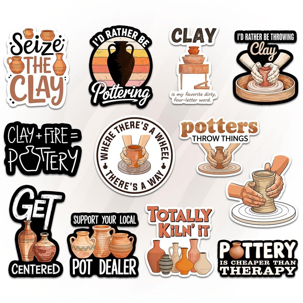 12 Pcs Pottery Stickers Set, Funny Ceramic Artist and Clay Lover with Quotes Like Seize The Clay and Totally Kiln It, Stickers for Laptop, Water Bottle, Phone, Notebook, Pottery Studio 2 Inches