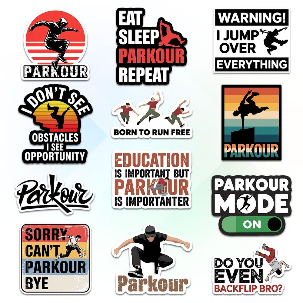 12 Pcs Parkour Stickers Set, Cool Freerunning and Urban Athlete with Quotes Like Eat Sleep Parkour Repeat and I Dont See Obstacles, Stickers for Laptop, Water Bottle, Helmet, Skateboard 8 Inches