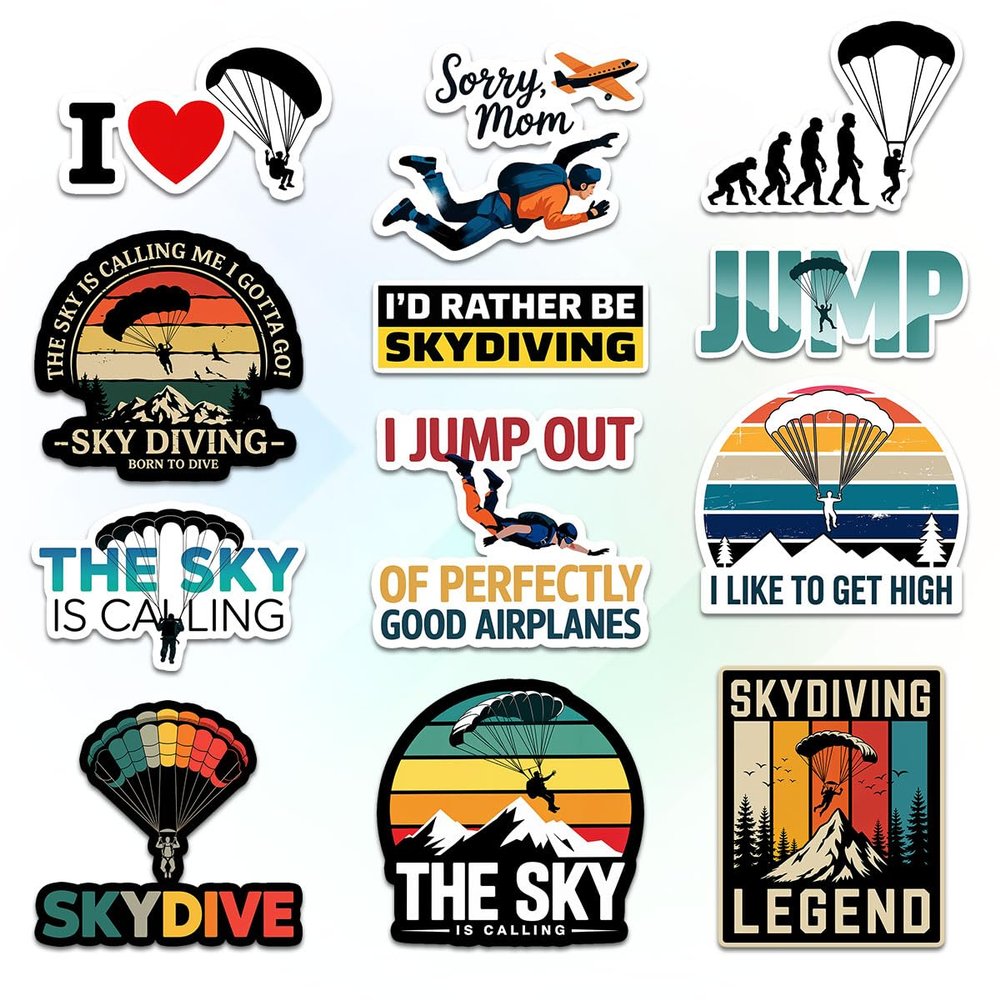 12 Pcs Skydiving Stickers Set, Funny Parachute and Adventure with Quotes like The Sky Is Calling and I Jump Out of Perfectly Good Airplanes, Stickers for Laptop, Water Bottle, Helmet, Luggage 8 Inches