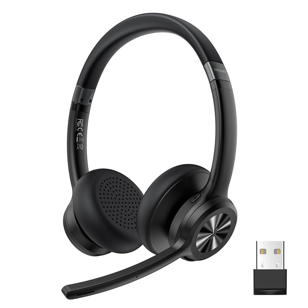 TECKNET Wireless Headset with USB Dongle, Bluetooth Headset with Noise Cancelling Mic - Rechargeable Bluetooth V5.2, 50H Playtime & Mic Mute, On Ear Headphones for Trucker/Remote Work/Call Center