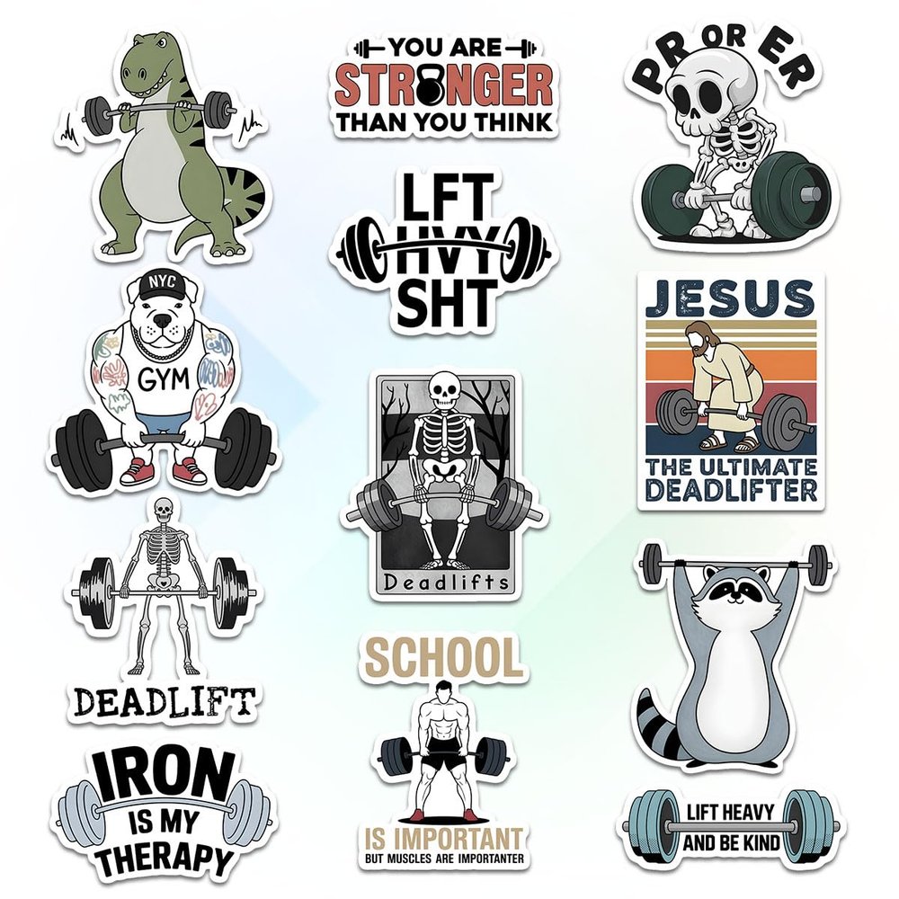 12 Pcs Deadlift Stickers Set, Funny Gym and Fitness Quotes Like Iron is My Therapy and You are Stronger Than You Think, Stickers for Laptop, Bottle, Weightlifting Gear, Gym Bag, Notebook 5 Inches