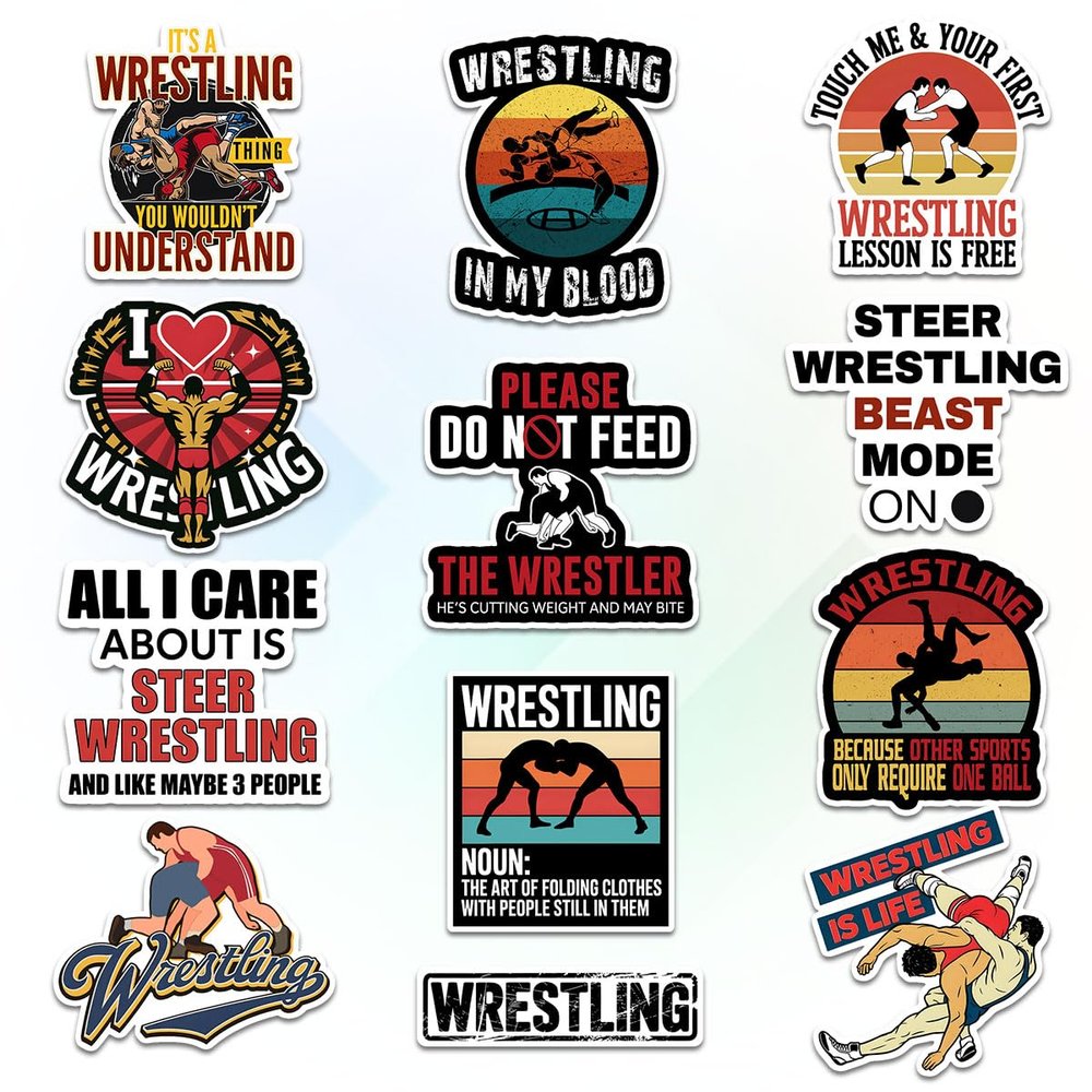 12 Pcs Wrestling Stickers Pack, Motivational Grappling Vinyl Decals for Wrestlers, Athletes, Coaches, Sports Fans, Durable Stickers for Laptop, Water Bottle, Helmet, Gym Bag, or Locker Decor 6 Inches