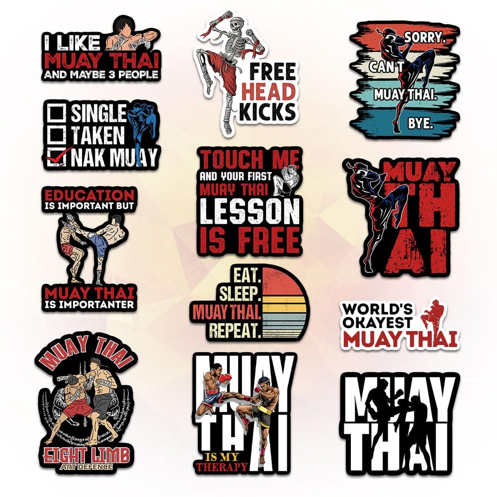 12 Pcs Muay Thai Stickers Set, Funny Martial Arts Fighter Designs with Quotes Like Touch Me Lesson Free, Eat Sleep Muay Thai Repeat, Kickboxing Humor Stickers for Laptop, Water Bottle, Phone 3 Inches