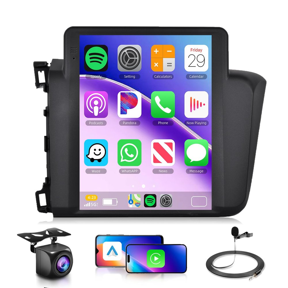 10.4inch 4G+64G Car Radio Stereo for Honda Civic 2012-2015 with Tesla Style Touch Screen Android 15 Wireless CarPlay/Android Auto DSP GPS WiFi 5.0Bluetooth FM/RDS SWC AHD Backup Camera