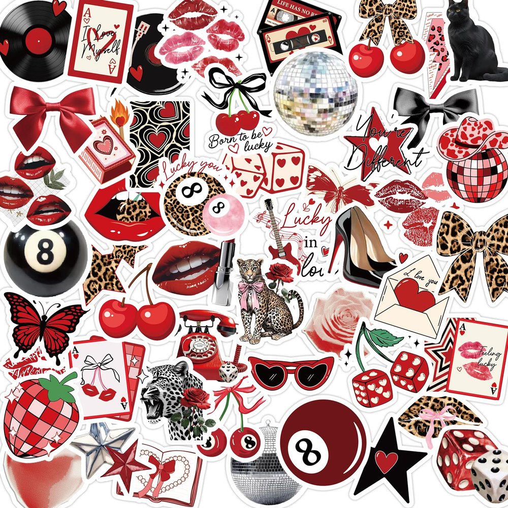 100 Pcs Downtown Girls Stickers for Women, Red Bow Cherry Aesthetic Bulk Stickers for Journaling, Cute Black Cat Waterproof Vinyl Decals DIY Water Bottle Laptop Decoration Gift for Kids