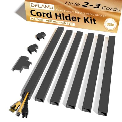 Delamu Black Cord Hider, 85in Cord Covers for 2-3 Wires on Wall, Self-Adhesive Cable Hider, Wire Hiders Wire Covers for TV Cords on Wall, Easy Mount Cable Cover Raceway Kit, W0.95 H0.55in, Black