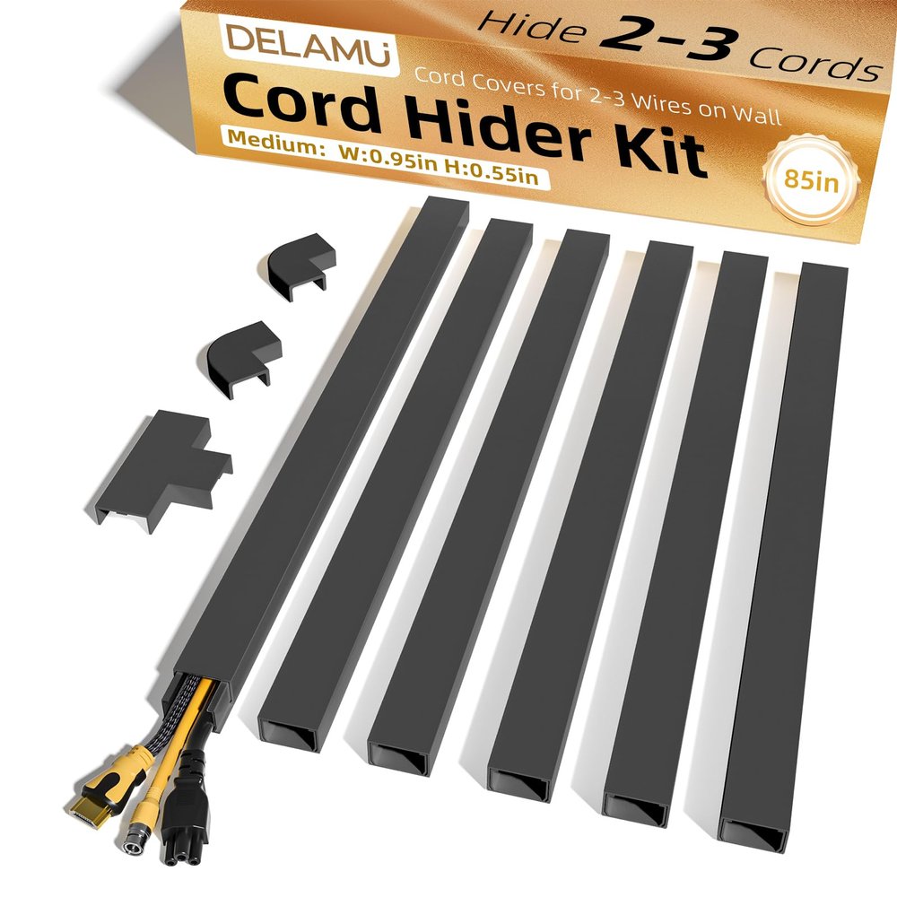 Delamu Black Cord Hider, 85in Cord Covers for 2-3 Wires on Wall, Self-Adhesive Cable Hider, Wire Hiders Wire Covers for TV Cords on Wall, Easy Mount Cable Cover Raceway Kit, W0.95 H0.55in, Black