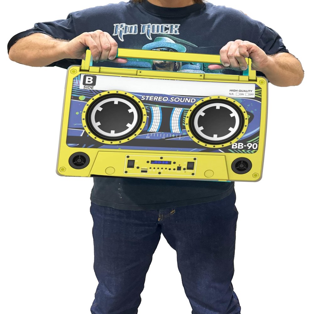 Bumpboxx Remixx Retro Bluetooth Boombox | Portable Cassette-Style Speaker with High-Fidelity Sound & Wireless Mic | Highlighter Yellow (Renewed)
